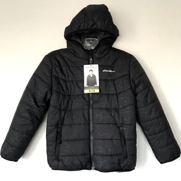 NWT Eddie Bauer Youth Boys Reversible Hooded Puffer Fleece Black Gray Jacket S